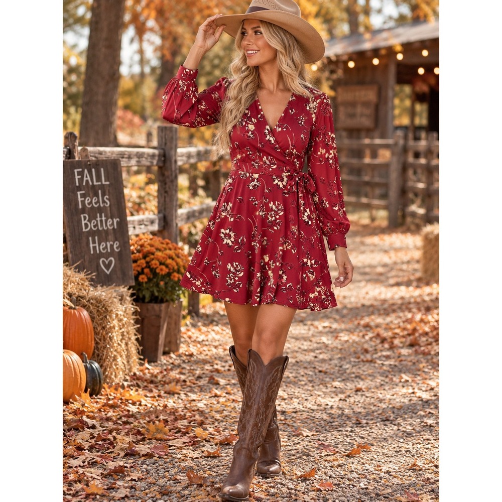 Kaileigh Burgundy Red Floral Long Sleeve Wrap Dress D16591 Medium